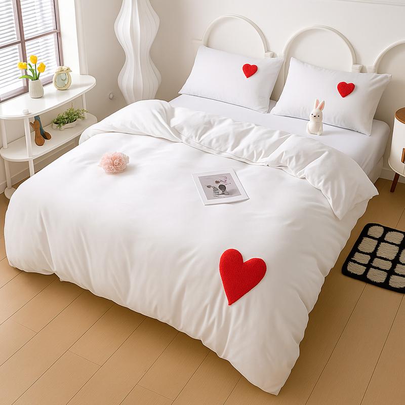 Tufted Heart Embroidered Duvet Cover Set (No Insert), Includes 1 Duvet Cover with Zipper Closure & 1-2 Pillow cases, Soft & Breathable All-Season Comforter Cover , Aesthetic Bedroom Décor, Machine Washable