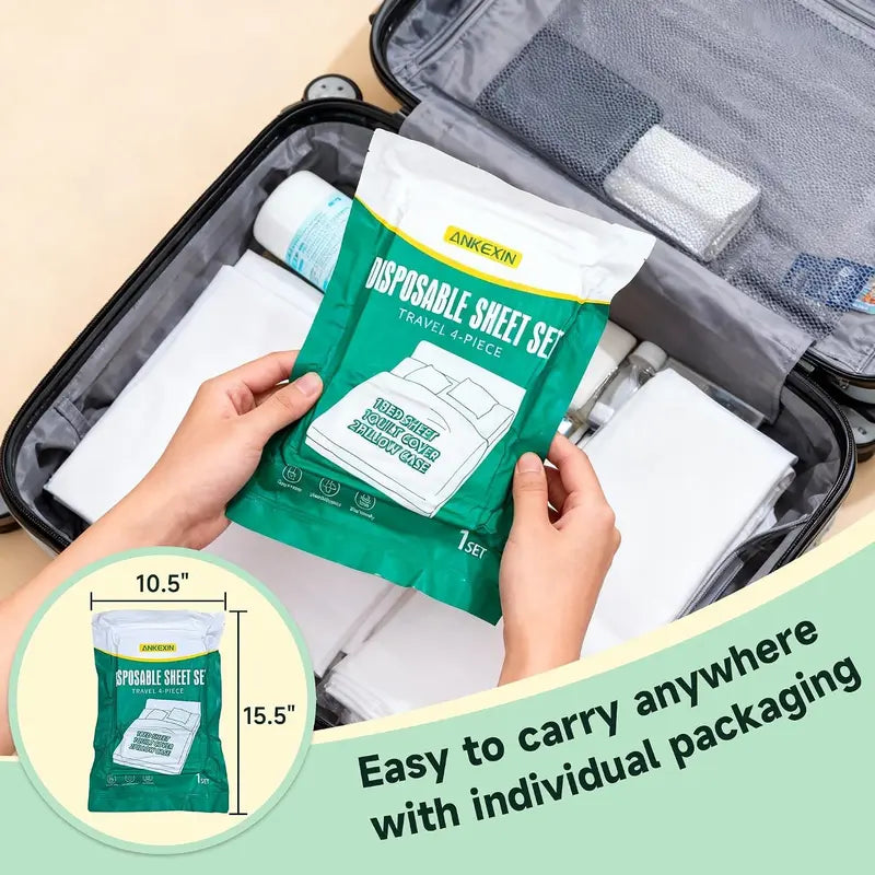 Disposable Bedding Set 2 Pack, Queen Size Portable Bed Sheets for Travel, Includes Flat Sheet, Duvet Cover and Pillowcases, Lightweight for Hotel and Business Trips