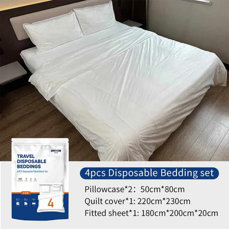 4PCS Disposable Bedsheets Set - Non-Woven Fabric, Soft, Modern, Wash-Free, Lightweight & Portable Single-Use Bedding with Fitted Cover, Pillowcases, Hotel-Style for Travel, Camping