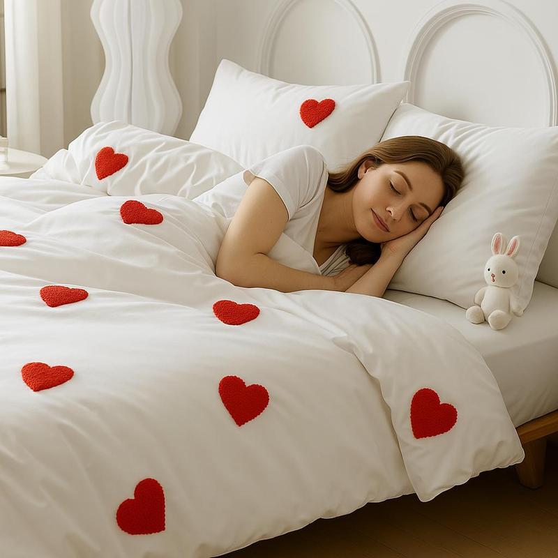 Tufted Heart Embroidered Duvet Cover Set (No Insert), Includes 1 Duvet Cover with Zipper Closure & 1-2 Pillow cases, Soft & Breathable All-Season Comforter Cover , Aesthetic Bedroom Décor, Machine Washable