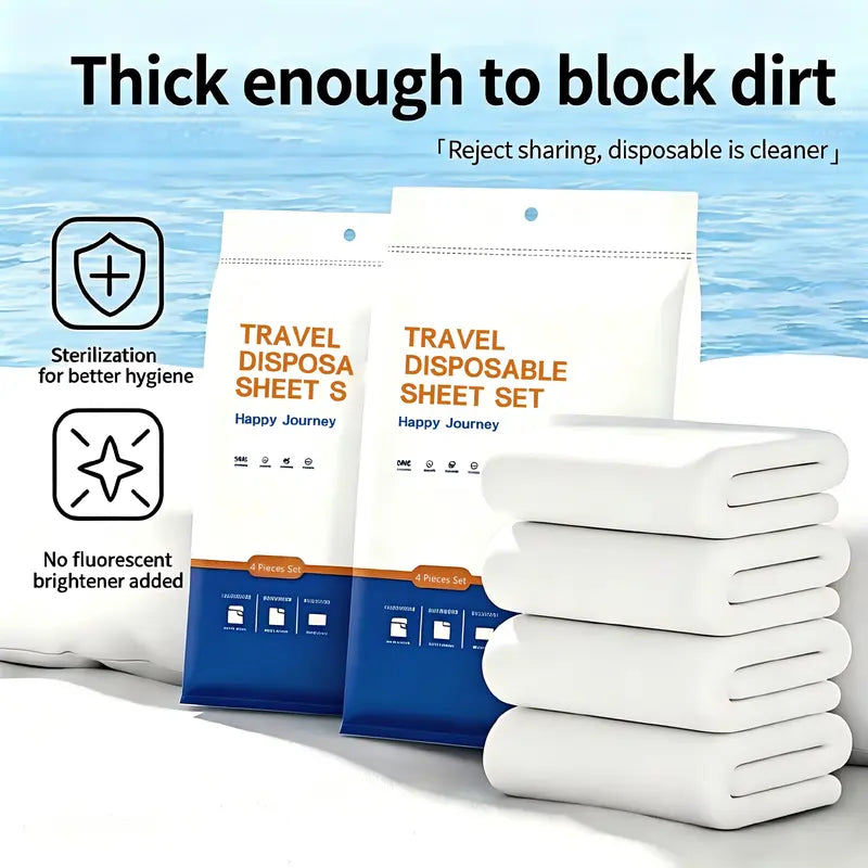 Extra-Large Disposable 4-Piece Bedding Set - Classic, Plain, Soft, Wash Free, Travel Ready, All Seasons, Durable, Individually Packaged, Includes Duvet Cover, Fitted Sheet, 2 Pillowcases, Sanitary, Portable for Business Trips, Camping