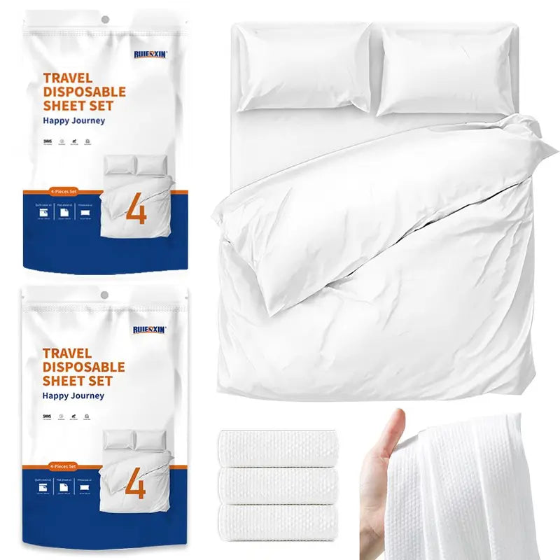 Extra-Large Disposable 4-Piece Bedding Set - Classic, Plain, Soft, Wash Free, Travel Ready, All Seasons, Durable, Individually Packaged, Includes Duvet Cover, Fitted Sheet, 2 Pillowcases, Sanitary, Portable for Business Trips, Camping