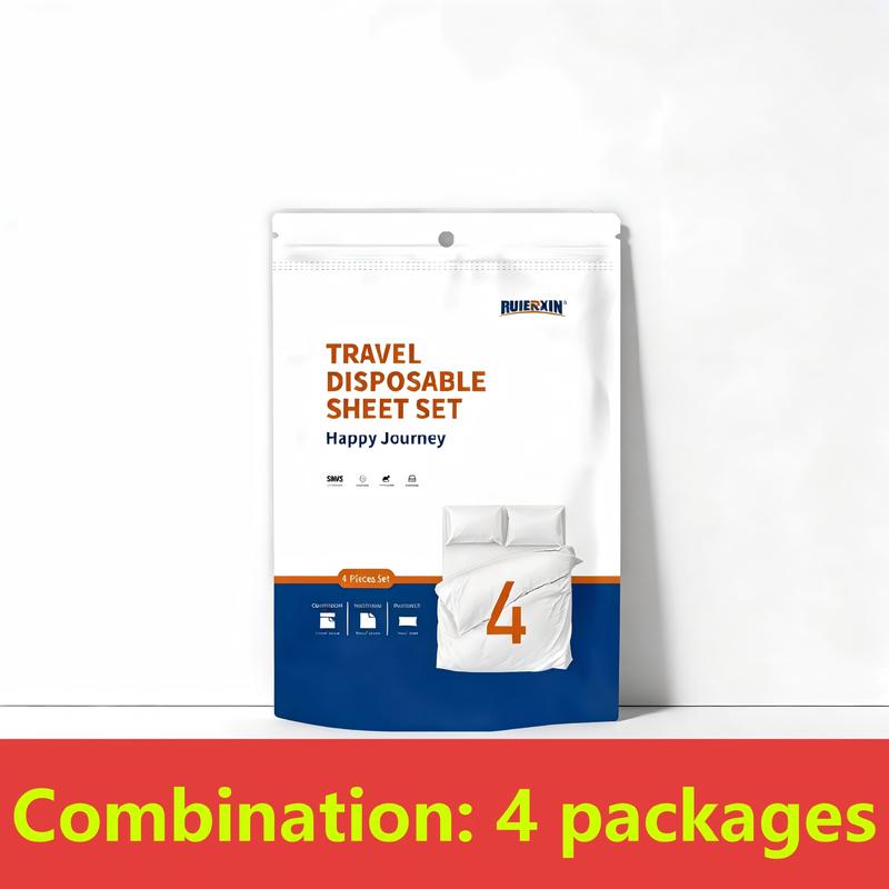 Disposable 4-Piece Bedding Set - 1 Flat Sheet, 1 Duvet Cover, 2 Pillowcases, Soft Skin-Friendly, Lightweight, Travel-Ready, Wash-Free, Plain, All-Seasons Bedding for Emergency Use, Business Trips