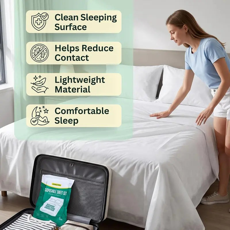 Disposable Bedding Set 2 Pack, Queen Size Portable Bed Sheets for Travel, Includes Flat Sheet, Duvet Cover and Pillowcases, Lightweight for Hotel and Business Trips