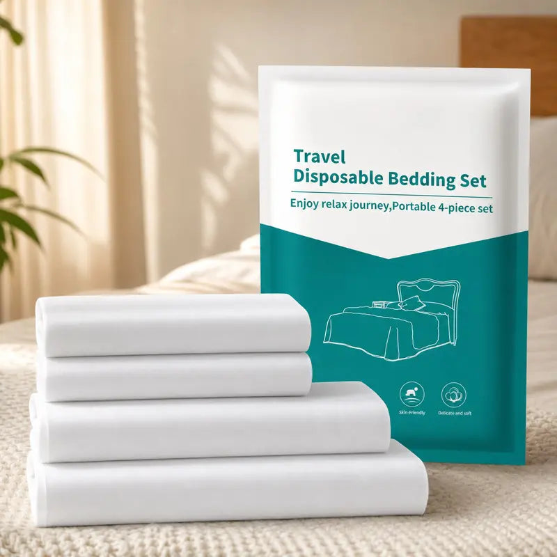 King Size Disposable Bedding Set for Hotel and Travel - Includes 1 Bed Sheet, 1 Duvet/Comforter Cover, 2 Pillowcases, Safe and Portable