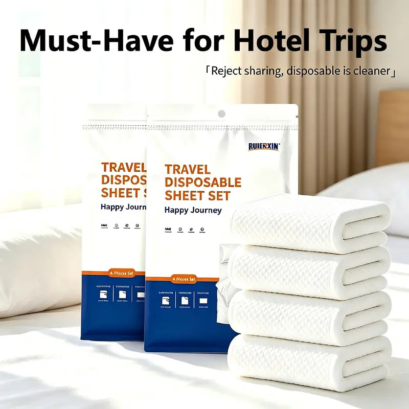 Disposable 4-Piece Bedding Set - 1 Flat Sheet, 1 Duvet Cover, 2 Pillowcases, Soft Skin-Friendly, Lightweight, Travel-Ready, Wash-Free, Plain, All-Seasons Bedding for Emergency Use, Business Trips