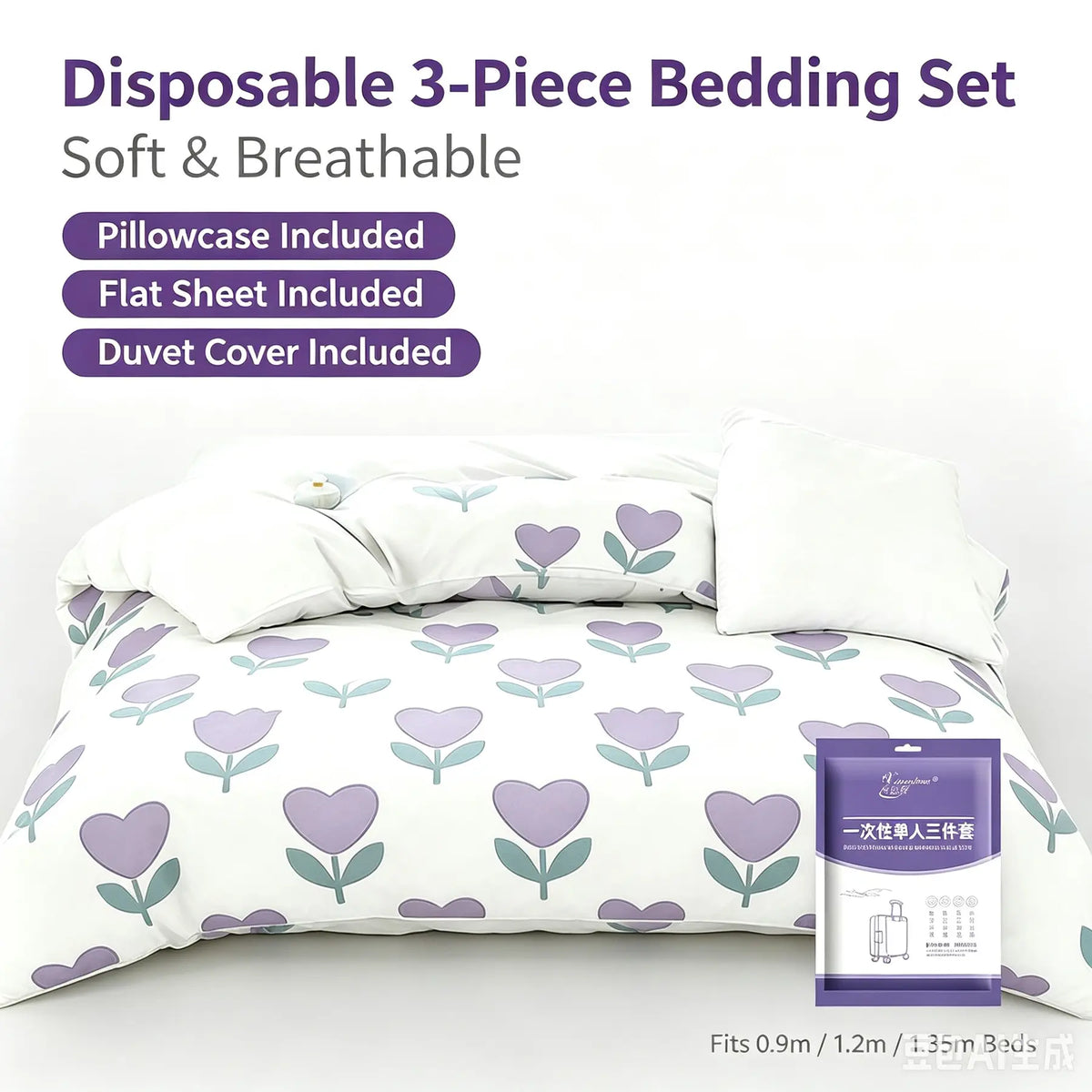 1 Set Thickened SMMS Disposable Bed Sheet Set – Soft Bedding Set 3/4-Piece Travel Hotel Bedding with Tulip Print Options, Stain-Proof Fitted Sheet, Duvet Cover & Pillowcases for Single/Double Bed, Portable for Hotel/Airbnb/Camping/Dorm