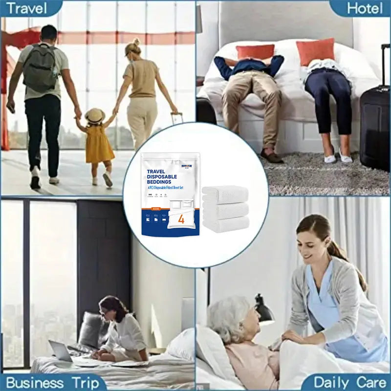 Disposable 4-Piece Bedding Set - Fitted Sheet, 2 Pillowcases, Duvet Cover, Soft, Lightweight Travel, Business Trip Set, Duvet Cover Ready, Fitted Sheet Hold, Light for Your Bag, Ideal for Travel & Hotel Stays