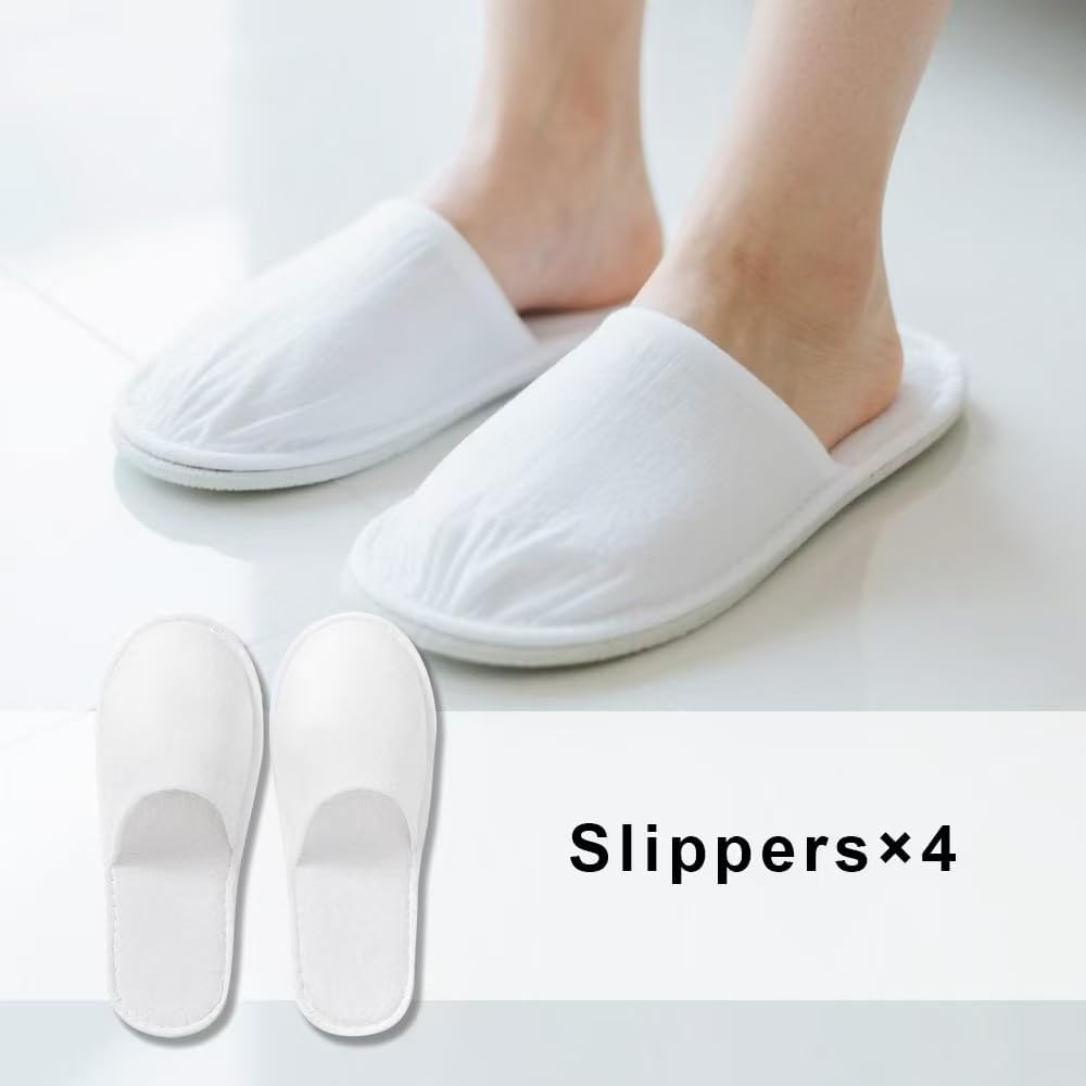 44pcs Disposable Travel Set: Bed Sheet*2 Duvet Cover*2 Pillow case*4 Shower Caps*4 Plastic Bathtub Bag*5 Toilet Seat Covers*4 Compression face Towel*15 Toothbrushes*4 Slippers*4