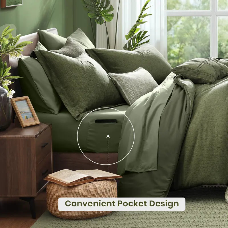 【FallPickDeals】Monbix Queen Size Bed Cover Set - 7-Piece Cationic Dyeing Microfiber Quilt Set with Double-Sided Pocket Storage, Soft Texture, Sheets, Pillowcases & Shams, Reversible Bedding