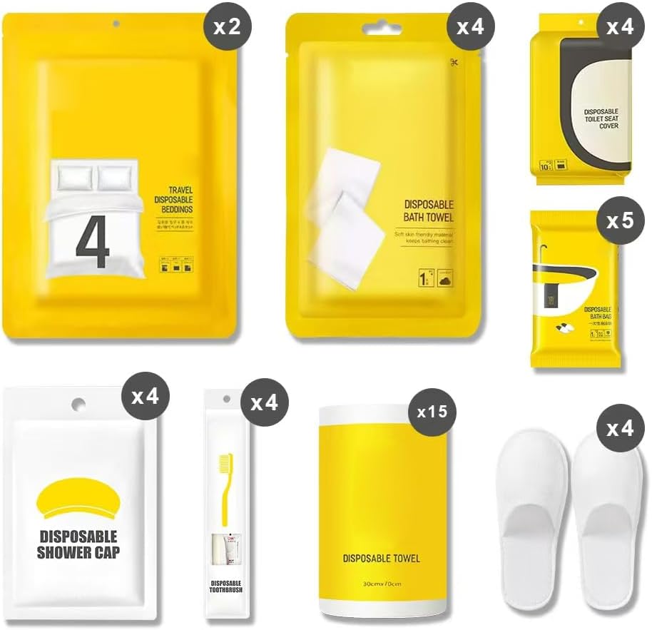 44pcs Disposable Travel Set: Bed Sheet*2 Duvet Cover*2 Pillow case*4 Shower Caps*4 Plastic Bathtub Bag*5 Toilet Seat Covers*4 Compression face Towel*15 Toothbrushes*4 Slippers*4