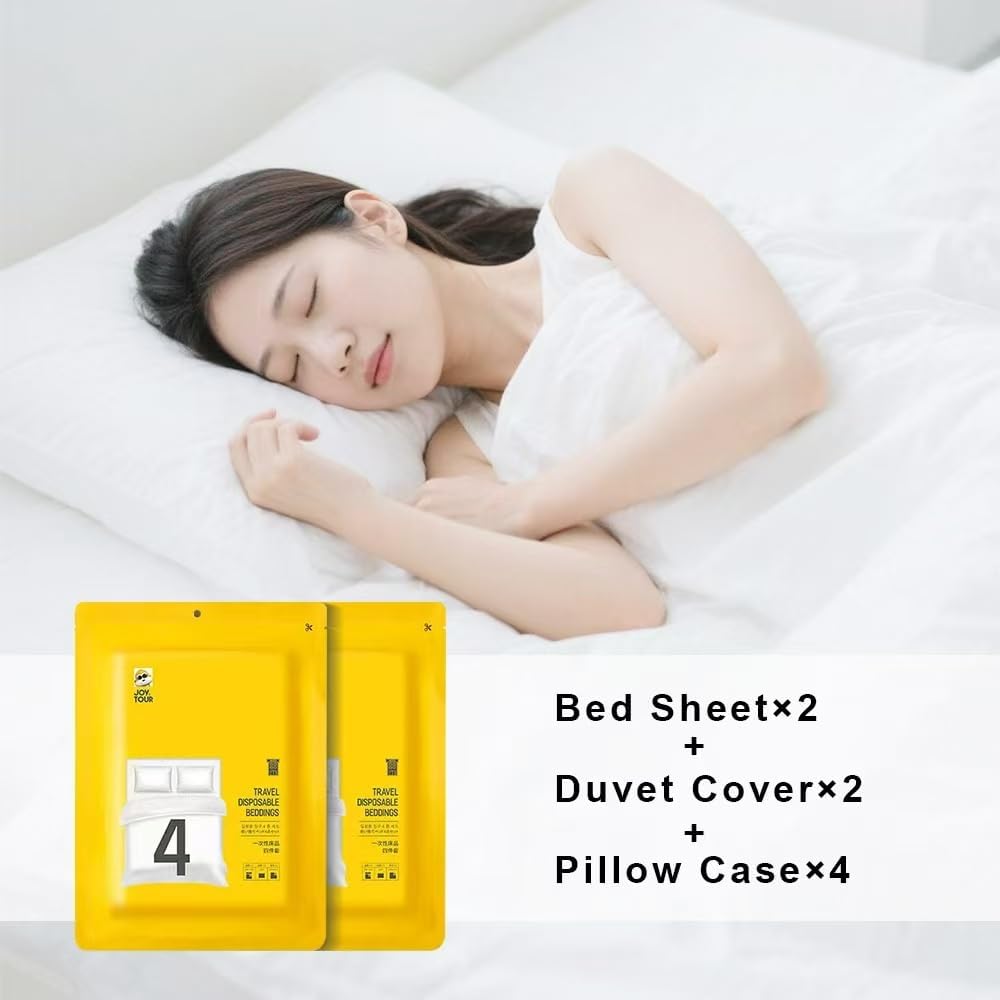 44pcs Disposable Travel Set: Bed Sheet*2 Duvet Cover*2 Pillow case*4 Shower Caps*4 Plastic Bathtub Bag*5 Toilet Seat Covers*4 Compression face Towel*15 Toothbrushes*4 Slippers*4