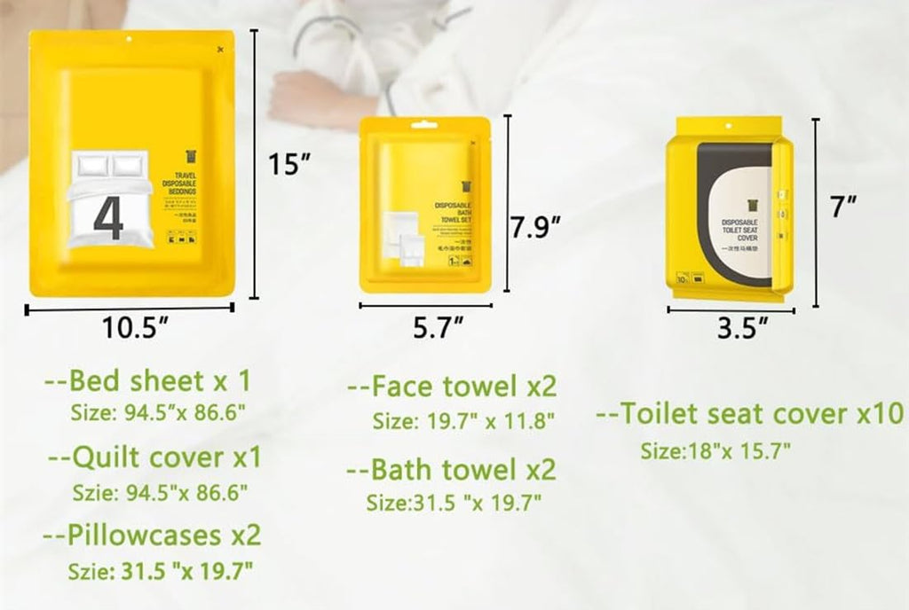 Disposable Bed Sheets Travel Sheets for Hotel, 18Pcs Travel Essentials with Soft Breathable Bed Cover, Bed Sheet, Pillowcase, Towel Set for Trips, Hotels, Spa, Camping, Overnight Stay, White