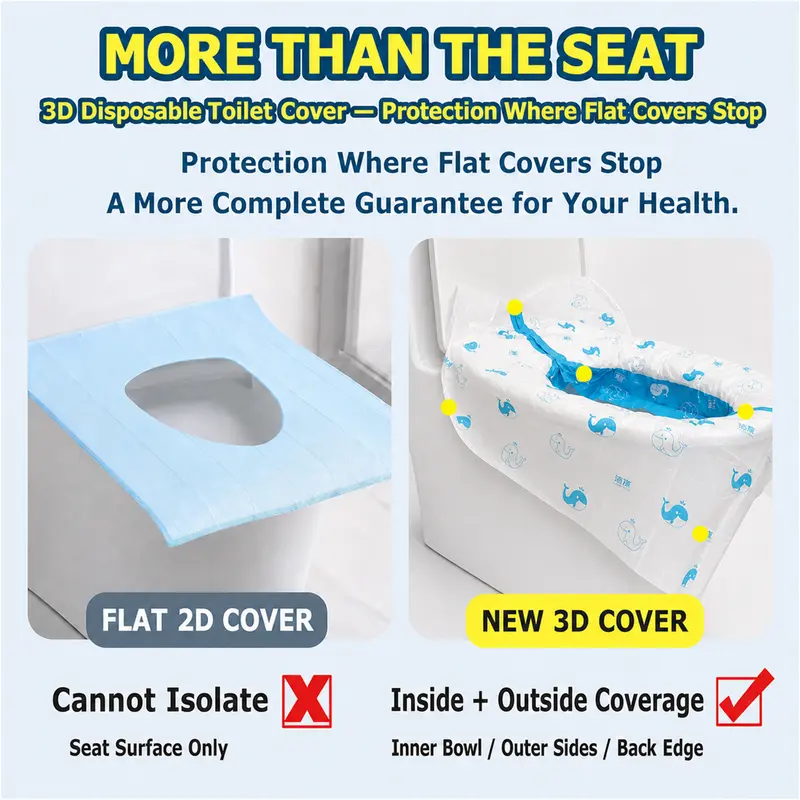 3D Disposable Toilet Seat Covers, 10-Pc Polyethylene Individual Packs, 360° Full-Wrap Thick Waterproof Hygienic XL 28x18in Travel Restroom Potty Liners for Adults/Kids, Potty Training