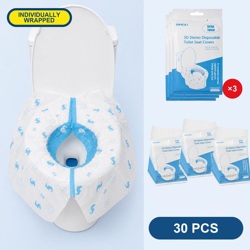 3D Disposable Toilet Seat Covers, 10-Pc Polyethylene Individual Packs, 360° Full-Wrap Thick Waterproof Hygienic XL 28x18in Travel Restroom Potty Liners for Adults/Kids, Potty Training