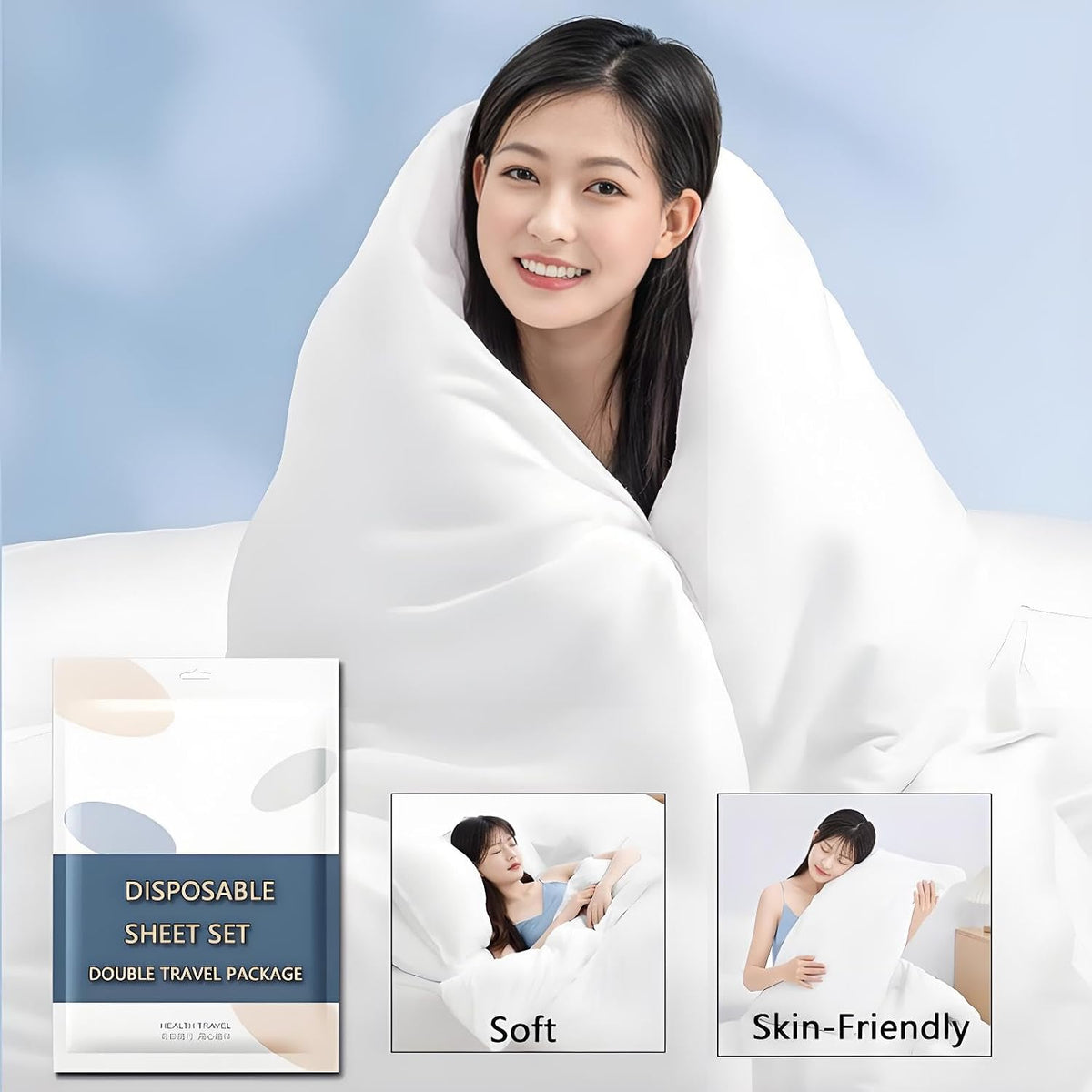 Disposable Travel Bedding Set: 12-Piece Hotel Cleaning Kit with UV Sterilized Sheets, Pillow Cases & Towels | Queen/King Size | Bed Bug Proof for Camping, SPA, Hostels