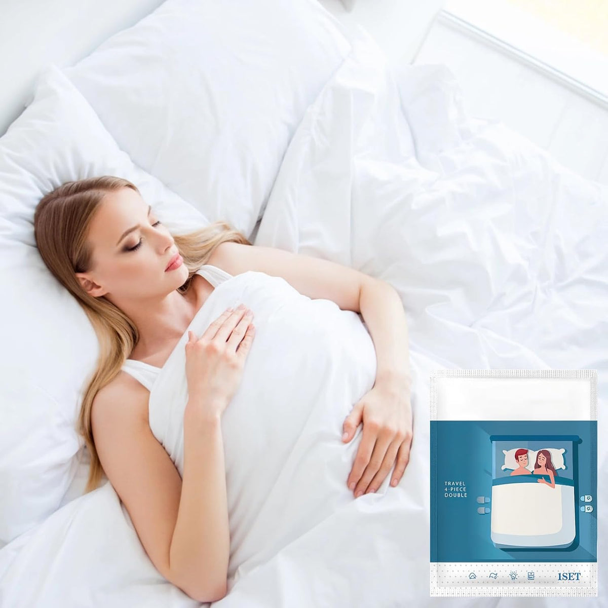 Set 4-Piece with 1 Bed Sheet, 2 Pillowcases, 1 Duvet Cover, Lightweight & Convenient for Business Trip Or Vacation, Pillowcases Disposable for Travel, Travel Bedding Set
