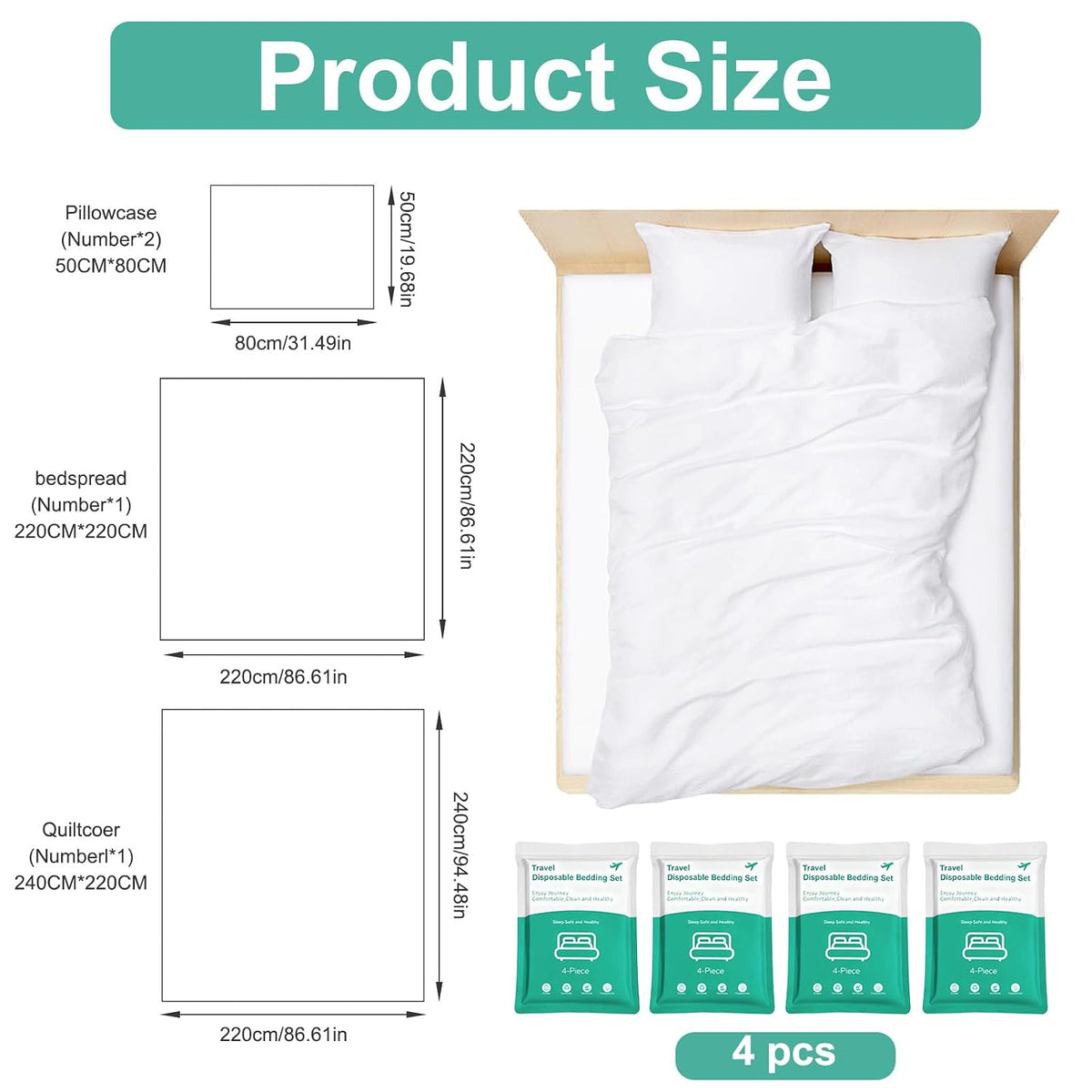 4 Pack Disposable Bed Sheets Queen Size Travel Sheet for Hotel Disposable Bedding Set with Quilt Cover and Pillowcases Travel Essentials for Hotel Cruise and Camping