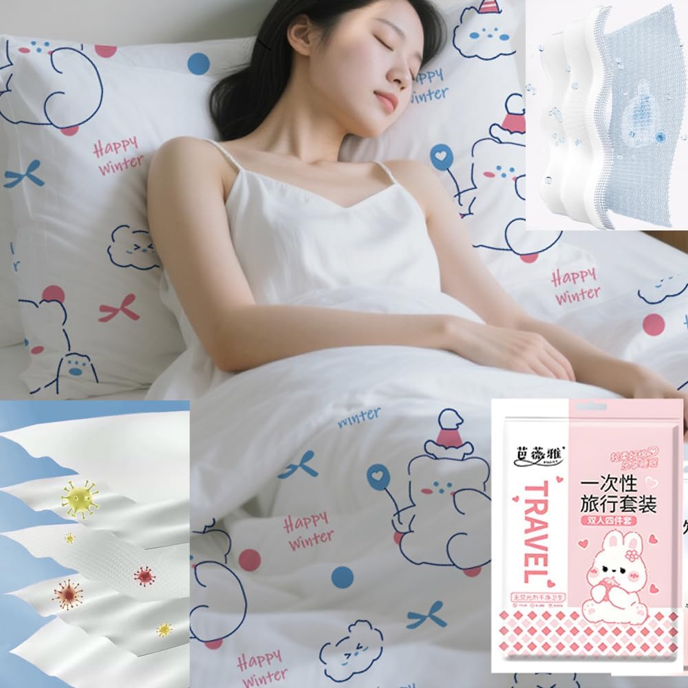 4Pcs Disposable Bed Sheets Set for Travel Hotel Portable Non-Woven Quilt Cover Pillow Case King Size (White, King (U.S. Standard))