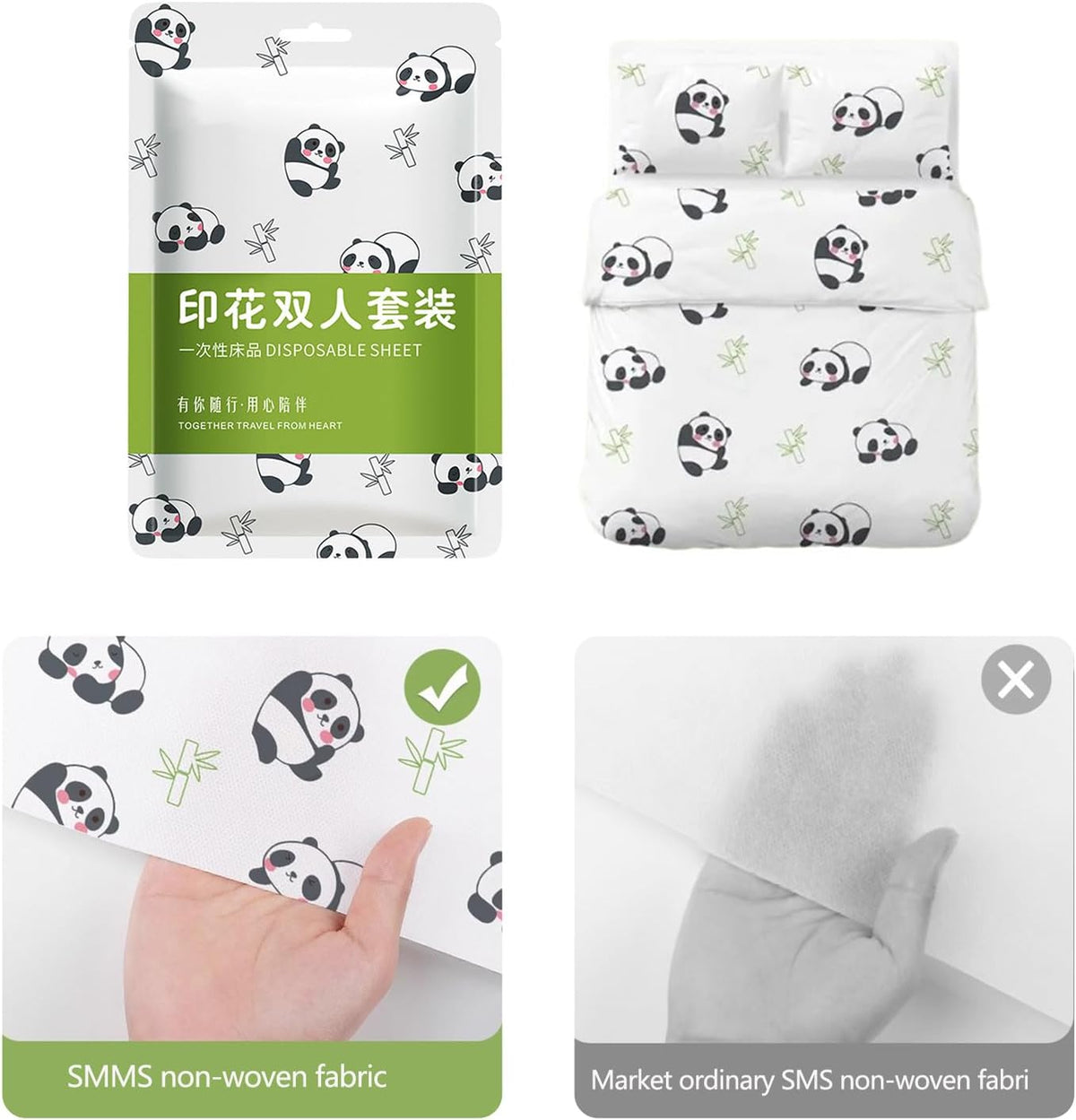 Disposables Quilts Covers Bedding Sheet Duvet Covers Pillowcase Set Soft NonWoven Fabric with Pandas for Travel and Home Use