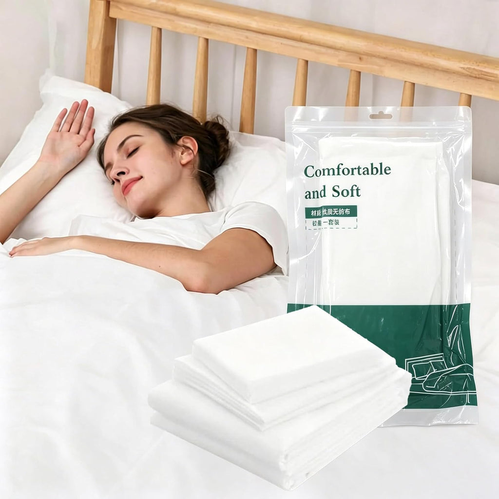 4 piece Set Disposable Bed Sheets for Travel - with 1 Quilt Cover, 1 Sheet and 2 Pillowcase for Travel Business Trip Spa Hotel（2 Sets）