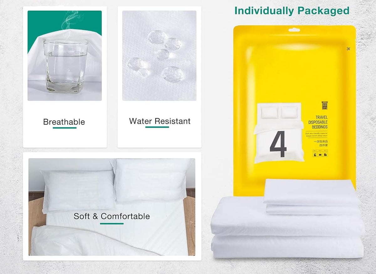 Disposable Bed Sheets Travel Sheets for Hotel, 18Pcs Travel Essentials with Soft Breathable Bed Cover, Bed Sheet, Pillowcase, Towel Set for Trips, Hotels, Spa, Camping, Overnight Stay, White