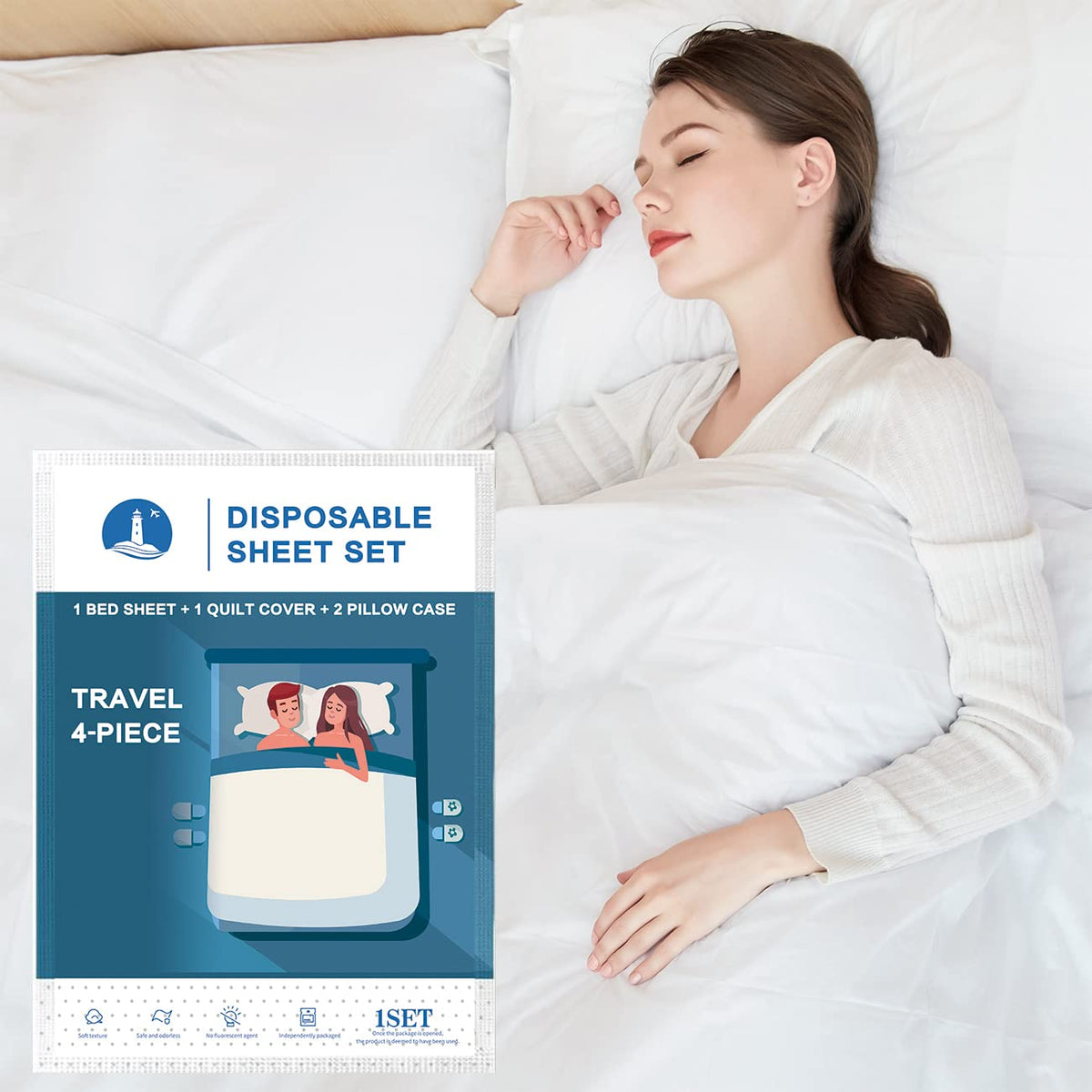 Yutianli Disposable Bed Sheets, Quilt Cover and Pillow Case Set for Hotel and Travel. Portable Sheet Set Ready to Use (Travel 4-Piece Double)