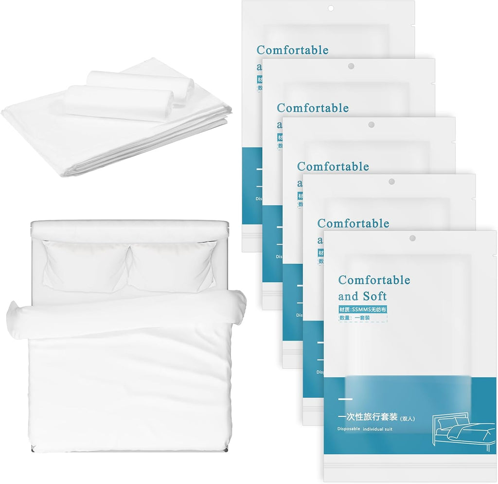 5 Sets Disposable Bedding Set for Travel King Size, 4-Piece Set Include 1Bed Sheets/1Quilt Cover/2Pillowcases, Individually Packaged Portable White Cover for Business Trip Hotel for Double bed