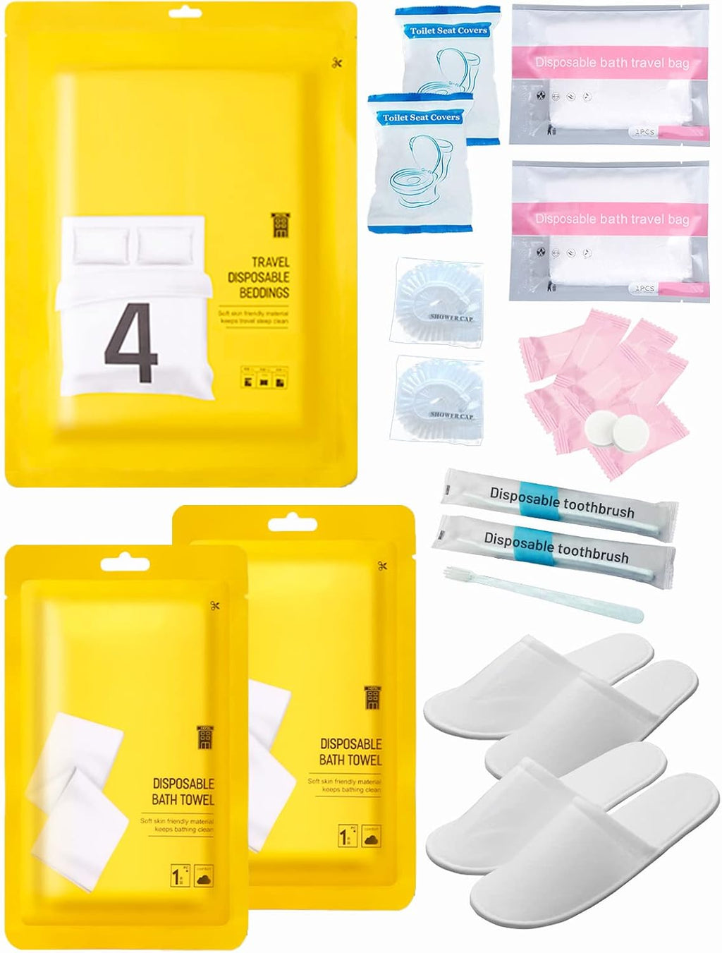 Extguds Disposable Travel Set: Bed Sheet×1+Duvet Cover×1+Pillow case×2+Bath Towels×2+Shower Caps×2+Plastic Bathtub Bag×2+Toilet Seat Covers×2+Compression face Towel×8+Toothbrushes×2+Slippers×2