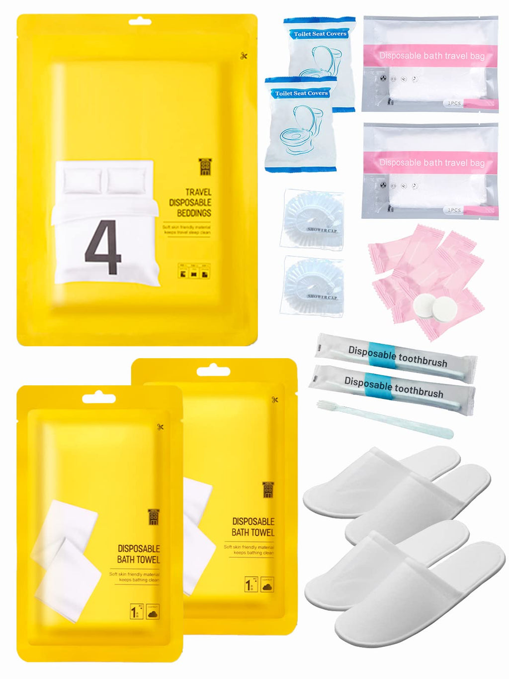 Extguds Disposable Travel Set: Bed Sheet×1+Duvet Cover×1+Pillow case×2+Bath Towels×2+Shower Caps×2+Plastic Bathtub Bag×2+Toilet Seat Covers×2+Compression face Towel×8+Toothbrushes×2+Slippers×2