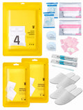 Extguds Disposable Travel Set: Bed Sheet×1+Duvet Cover×1+Pillow case×2+Bath Towels×2+Shower Caps×2+Plastic Bathtub Bag×2+Toilet Seat Covers×2+Compression face Towel×8+Toothbrushes×2+Slippers×2