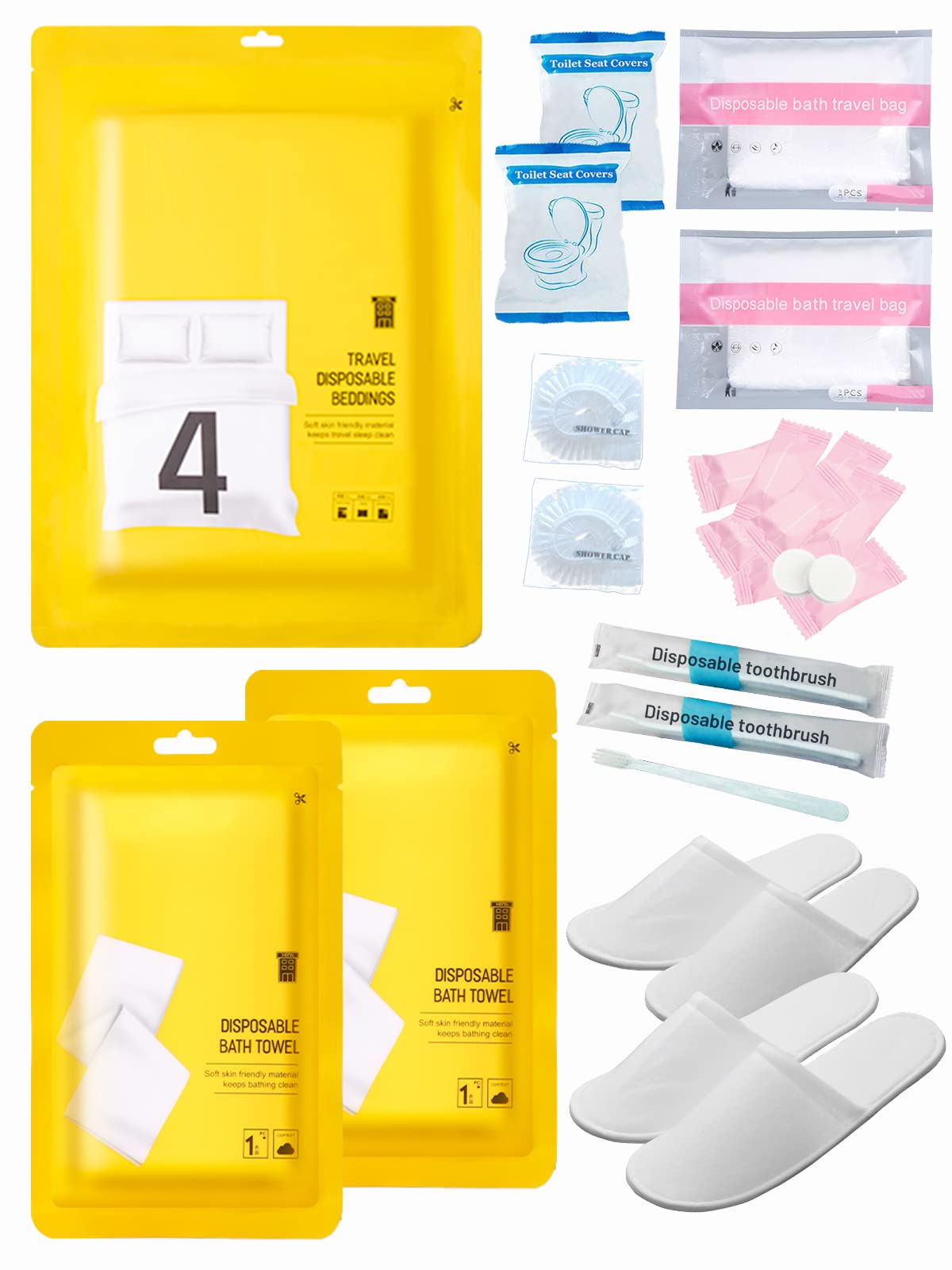 Extguds Disposable Travel Set: Bed Sheet×1+Duvet Cover×1+Pillow case×2+Bath Towels×2+Shower Caps×2+Plastic Bathtub Bag×2+Toilet Seat Covers×2+Compression face Towel×8+Toothbrushes×2+Slippers×2