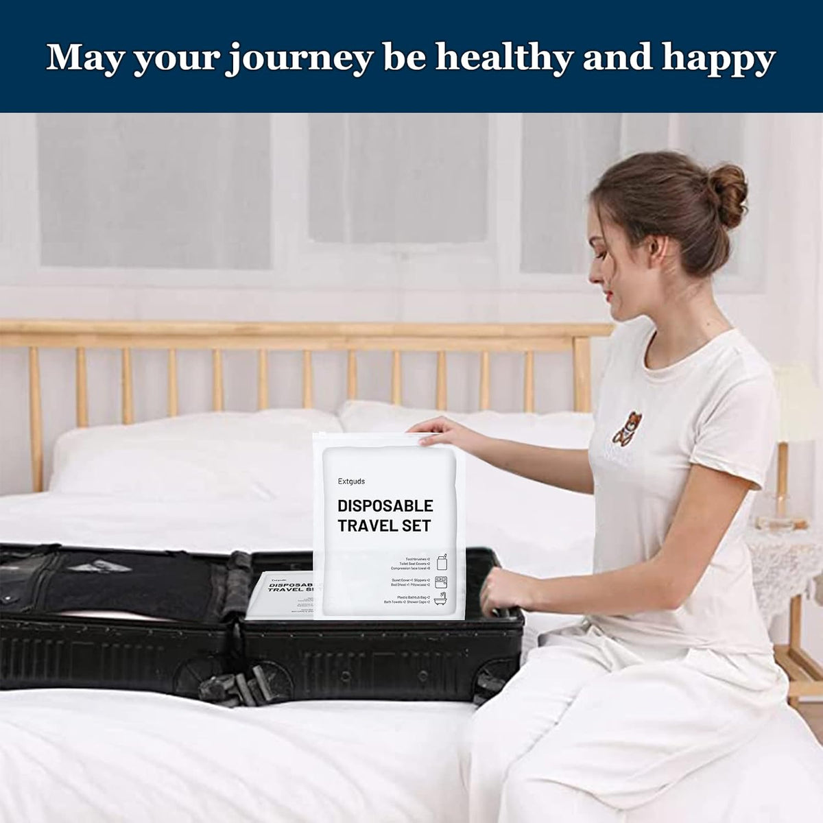 Extguds Disposable Travel Set : Bed Sheet×2+Duvet Cover×2+Pillow case×4+Bath Towels×4+Shower Caps×4+Plastic Bathtub Bag×4+Toilet Seat Covers×4+Compression face Towel×16+Toothbrushes×4+Slippers×4
