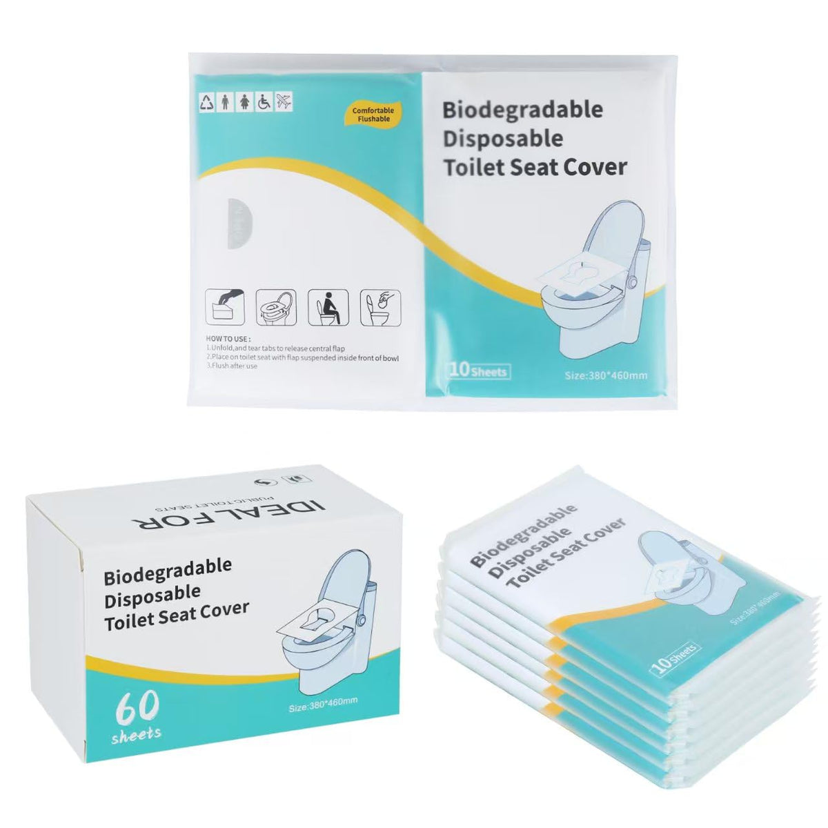 Disposable Toilet Seat Covers, 60 Sheets (6 Packs x 10), Extra Large, Flushable, Travel & Family Friendly