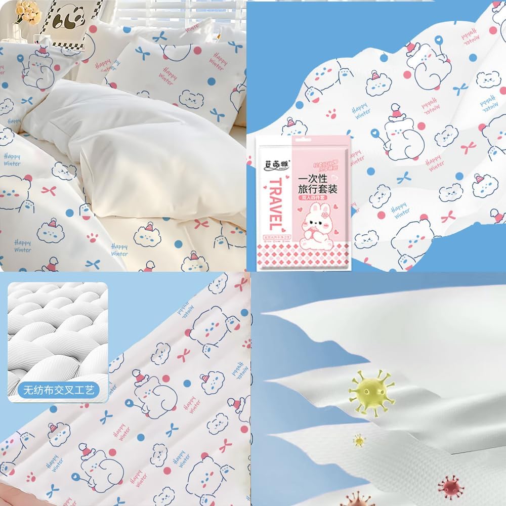4Pcs Disposable Bed Sheets Set for Travel Hotel Portable Non-Woven Quilt Cover Pillow Case King Size (White, King (U.S. Standard))