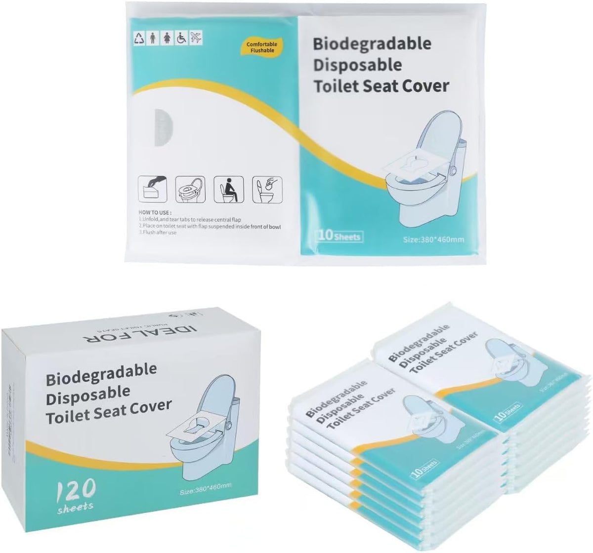 Disposable Toilet Seat Covers, 60 Sheets (6 Packs x 10), Extra Large, Flushable, Travel & Family Friendly
