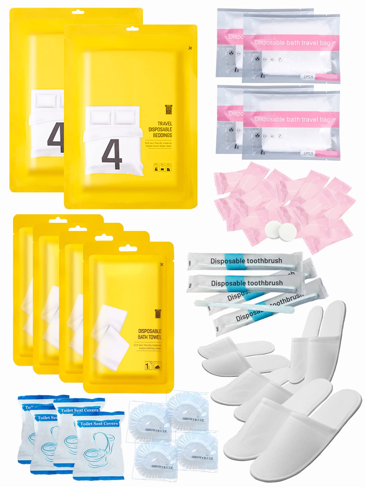 Extguds Disposable Travel Set : Bed Sheet×2+Duvet Cover×2+Pillow case×4+Bath Towels×4+Shower Caps×4+Plastic Bathtub Bag×4+Toilet Seat Covers×4+Compression face Towel×16+Toothbrushes×4+Slippers×4