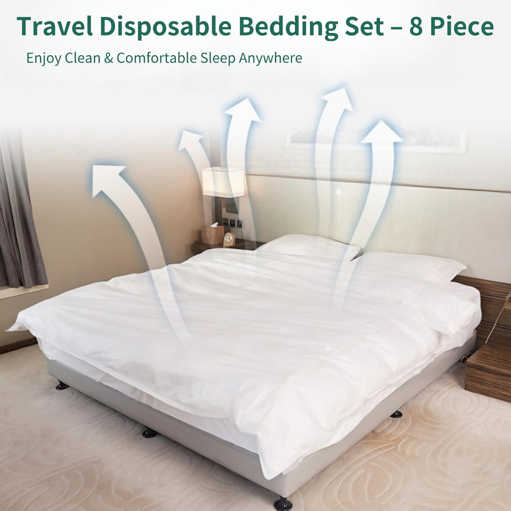 Disposable Bed Sheets Queen Size 8-Pack - Travel Bedding Set with 2 Flat Sheets, 2 Quilt Covers & 4 Pillowcases for Hotels, Business Trip, Spa, Camping - Non-Woven Bed Cover (2 Pack)