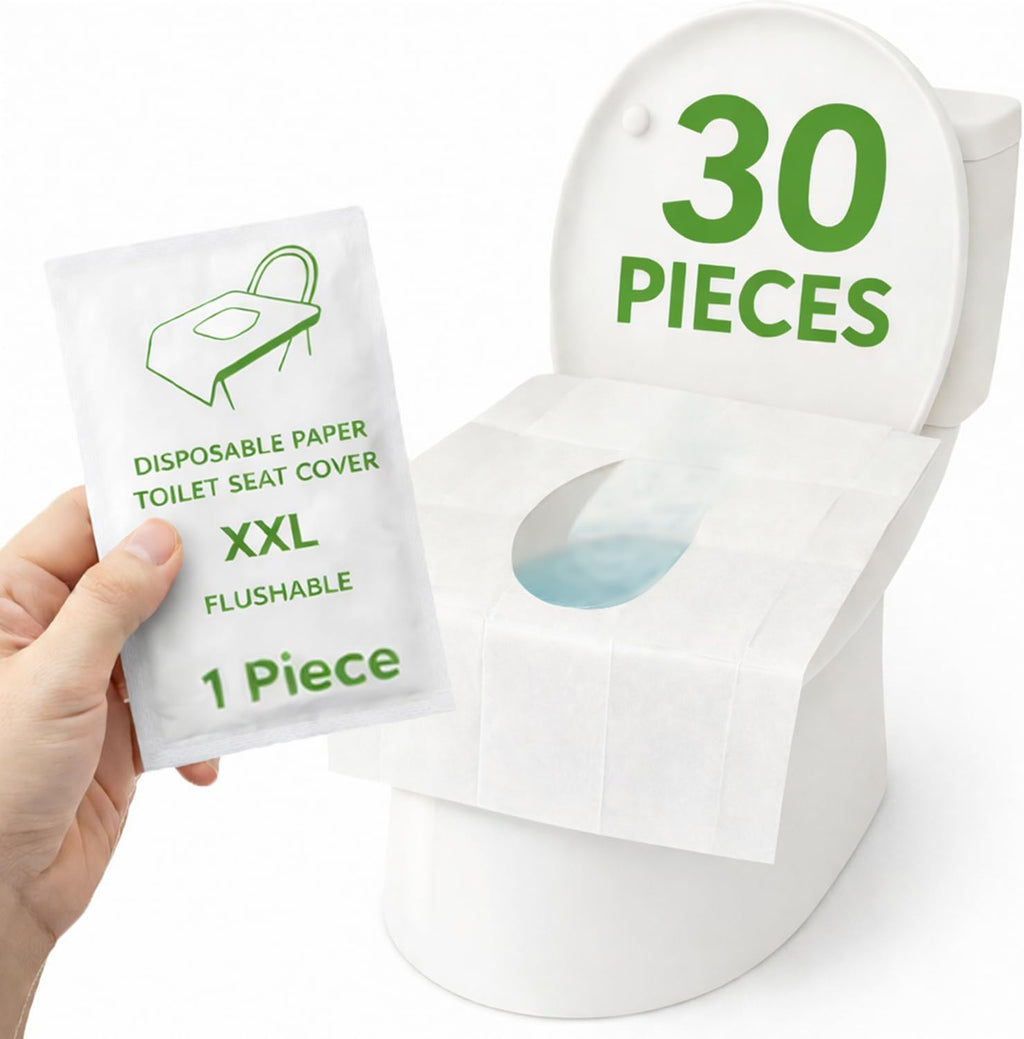 Individually Wrapped XXL Toilet Seat Covers Disposable Flushable for Travel (30 Pack), Full Coverage Paper Liners for Kids & Adults