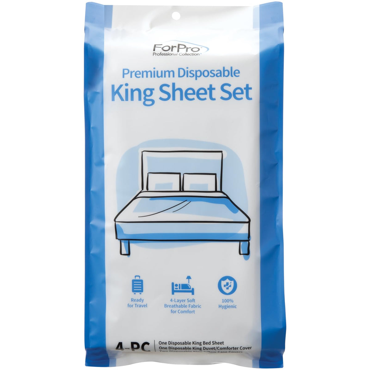 ForPro Premium Disposable Sheet Set, 4-PC King Size Bedding for Travel, Includes Bed Sheet, Duvet Cover and Two Pillowcases, White (Pack of 2)