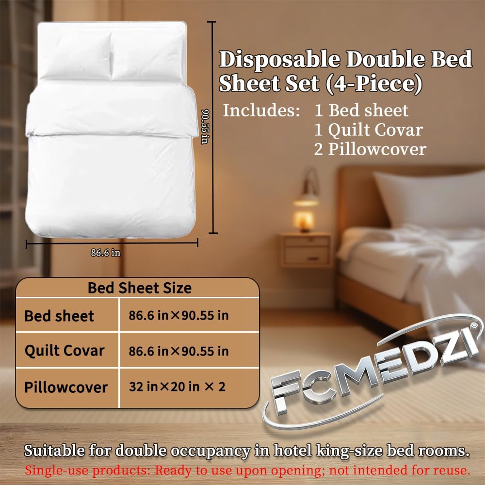 Disposable Sheets for Travel Camping & Hotel Bed Set，1Bed Sheet 1Quilt Cover 2Pillowcover Breathable Bedding Sheets Portable,（Double Bed 4-Piece Set）