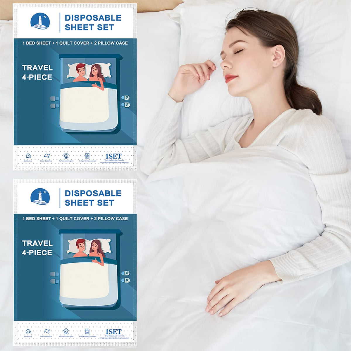 Yutianli Two Sets of Disposable Bed Sheets, Quilt Cover and Pillow case Set for Hotel and Travel. Portable Ready to use Bedding Set (Travel 4-Piece Double) 2 Sets