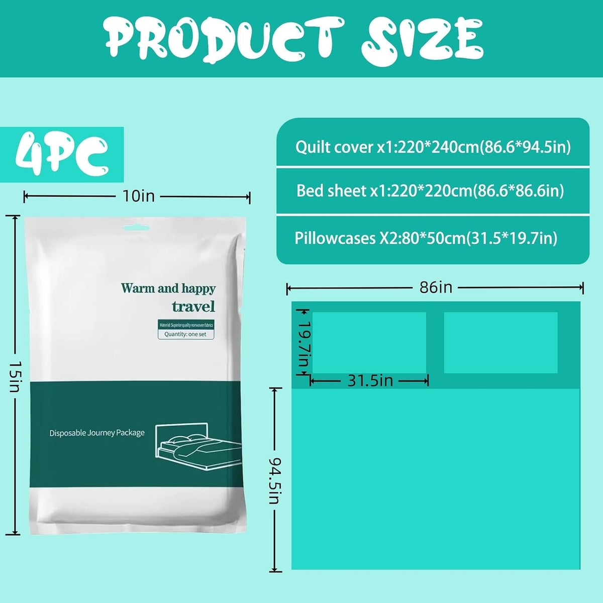Disposable Bed Sheets 1-Pack | 4-Piece Set (87"x87" Bed Sheet, 95"x87" Quilt Cover, 20"x32" Pillow Case) Hotel & Travel Essentials Portable & Hygienic (Disposable Bed Sheets (1 Pack))