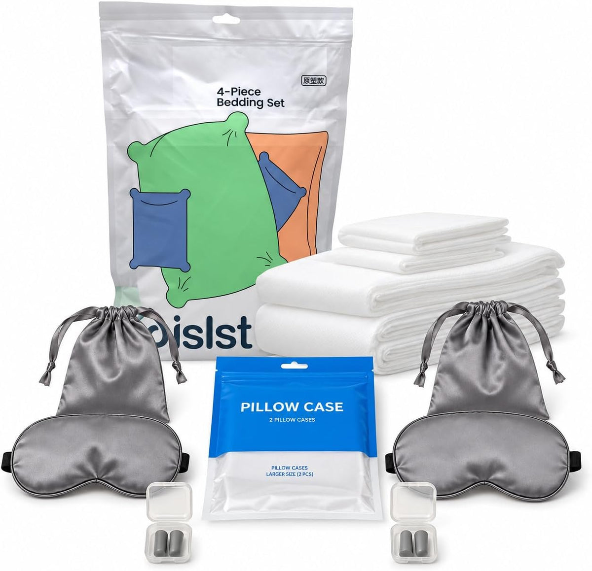 14-Piece Disposable Travel Bedding Set with Sleep Accessories for Two