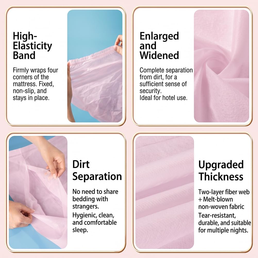 Disposable Bed Sheet Set – 4-Piece Soft Breathable Fitted Sheet Including Quilt Cover, Flat Sheet & 2 Pillowcases – Individually Packed for Hotel, Business Trip, Travel/Pink