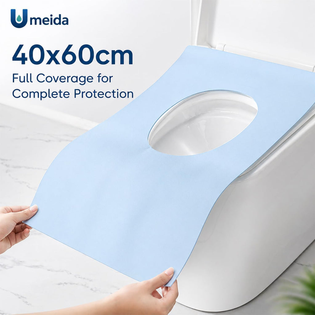 50 Count Disposable Toilet Seat Covers with Secure Adhesive Tabs for a Non-Slip Fit - XL Extra Large, Waterproof, Individually Wrapped for Travel, Kids, Adults, and Public Restrooms
