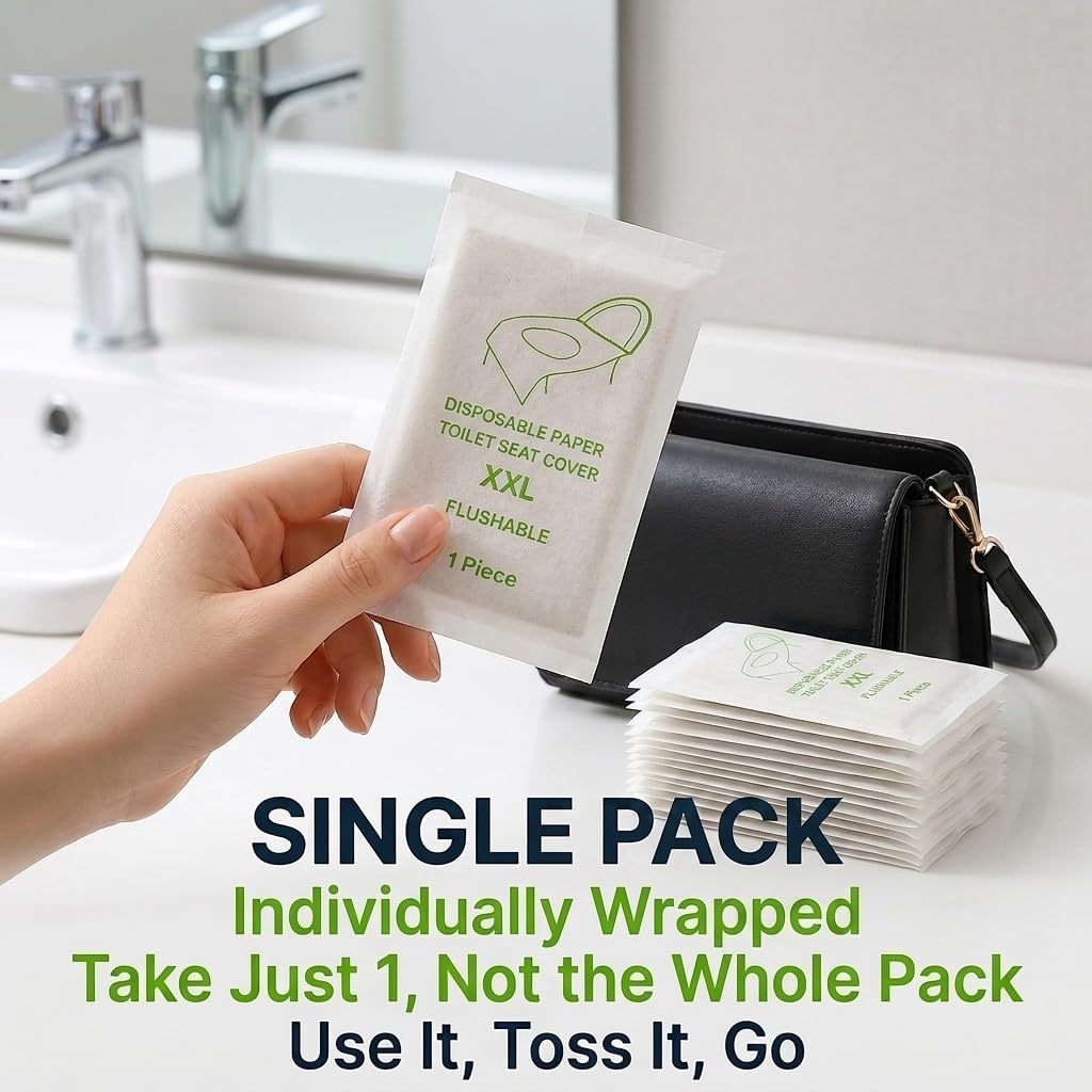 Individually Wrapped XXL Toilet Seat Covers Disposable Flushable for Travel (30 Pack), Full Coverage Paper Liners for Kids & Adults