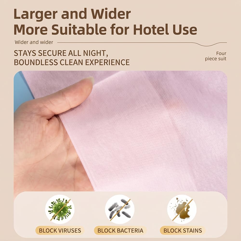 Disposable Bed Sheet Set – 4-Piece Soft Breathable Fitted Sheet Including Quilt Cover, Flat Sheet & 2 Pillowcases – Individually Packed for Hotel, Business Trip, Travel/Pink