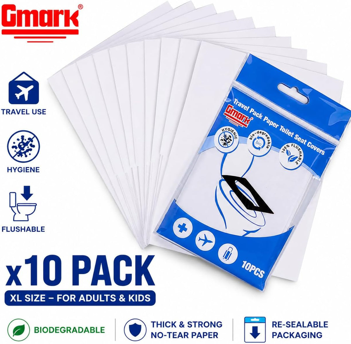 Gmark XL Flushable Toilet Seat Covers (100 Count) – Thick No-Tear Virgin Paper – Disposable Travel Packs for Airplane, Camping, & Potty Training – Biodegradable & Strong (10 Packs) GM2002A