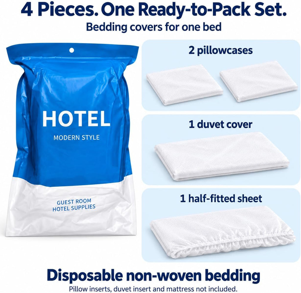 4-Piece Disposable Travel Bedding Set, Non-Woven Duvet Cover, Half-Fitted Sheet with Elastic Ends and 2 Pillowcases for Hotel Stays